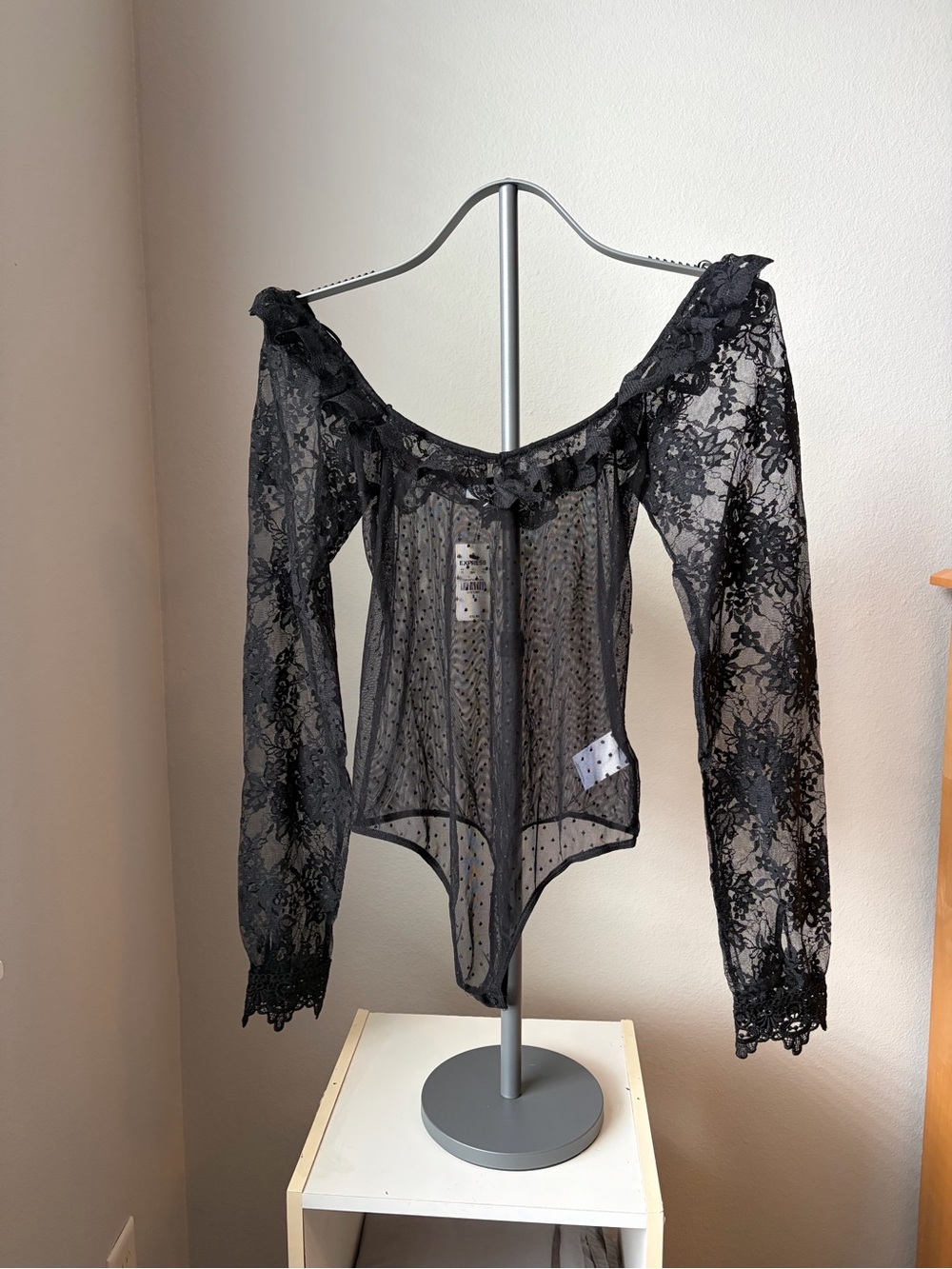 Express Black Sheer Lace Off-Shoulder Bodysuit
